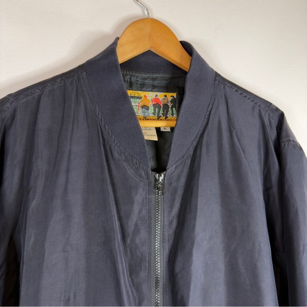 Atlantic Beach Vintage 100% Silk Bomber Jacket Navy Blue XL Men’s Unisex - Picture 2 of 9